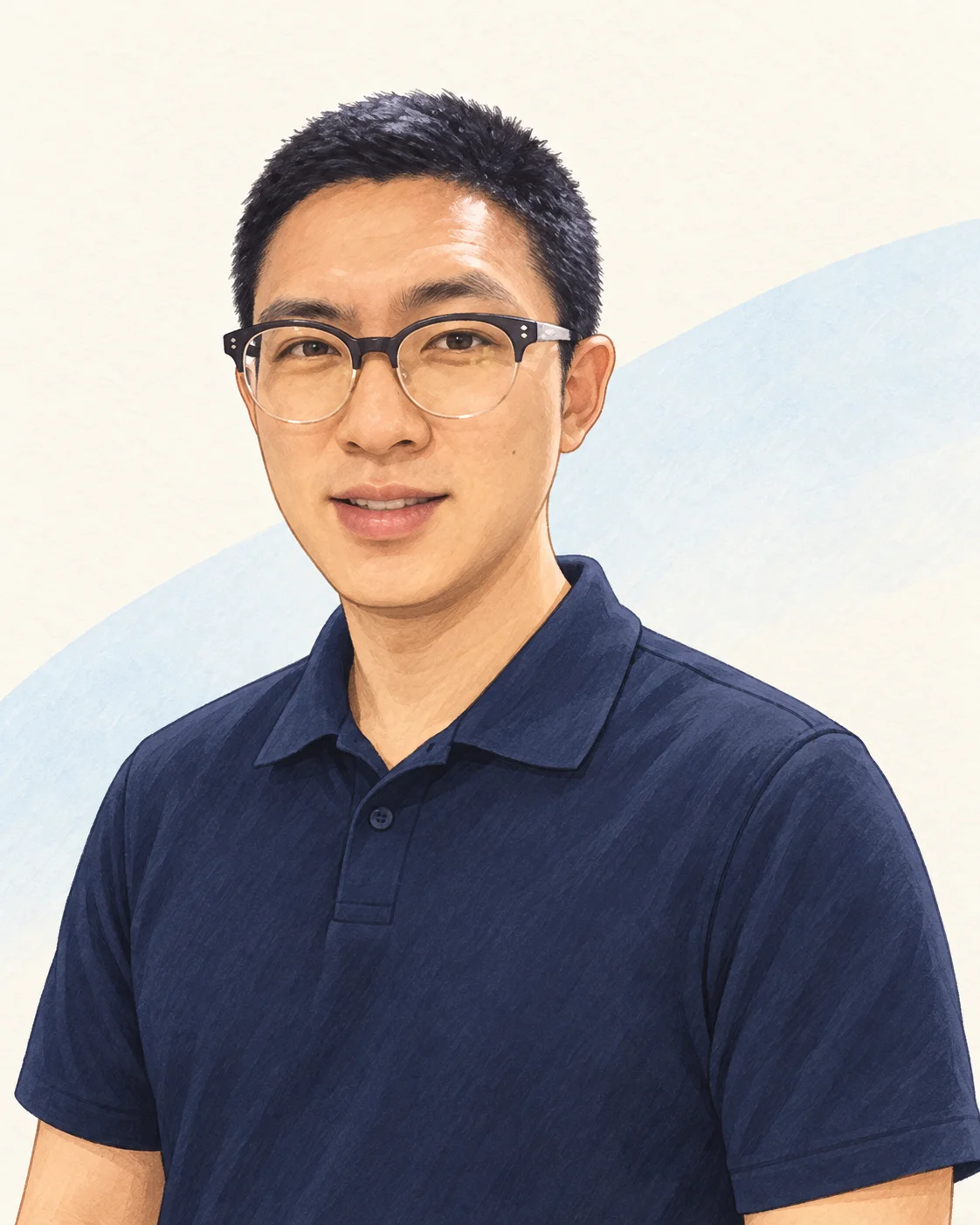 안경을 쓰고 따뜻하게 미소 짓는 단디컴퍼니 대표 홍승범의 일러스트